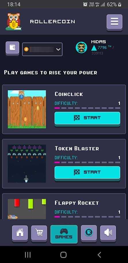 rollercoin games on mobile